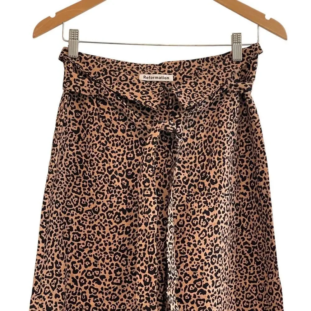Reformation Jackie Cropped Belted Leopard Print Linen Wide Leg Pants Size 2